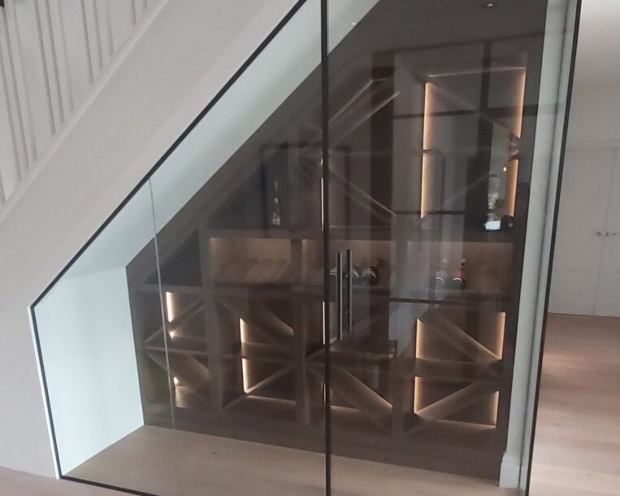 Glass alcove cabinet with black outline