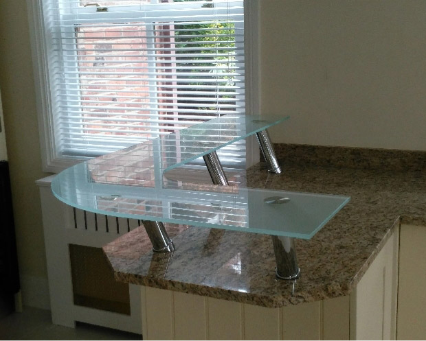frosted glass worktop shelf on short stainless steel posts