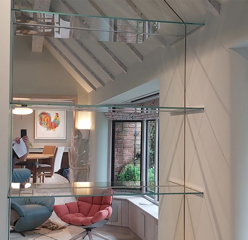 glass shelves with mirror back