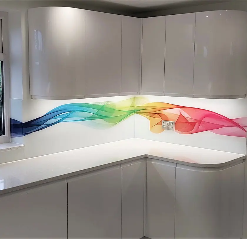 Printed glass splashback of a flowing rainbow ribbon