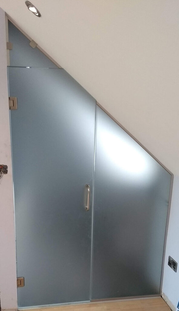 Frosted glass door cut into roof angle